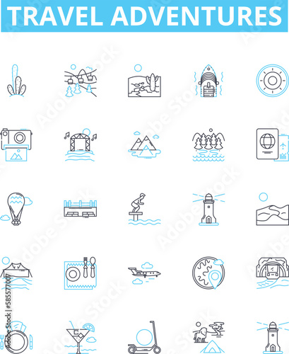Travel adventures vector line icons set. Travel, Adventures, Exploring, Touring, Trekking, Cruising, Hiking illustration outline concept symbols and signs