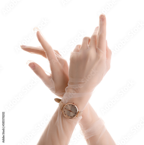 Woman in gloves with golden...