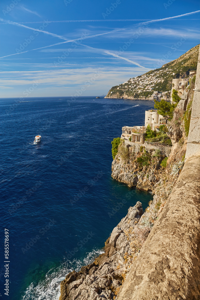 Rocky Cliffs and Mountain Landscape by the Tyrrhenian Sea. Amalfi Coast, Italy.