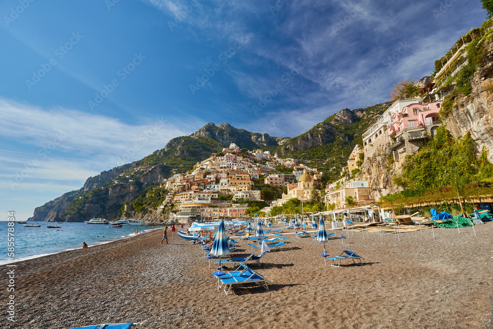 panorama Positano, Italy - Beach with umbrellas, Amalfi coast