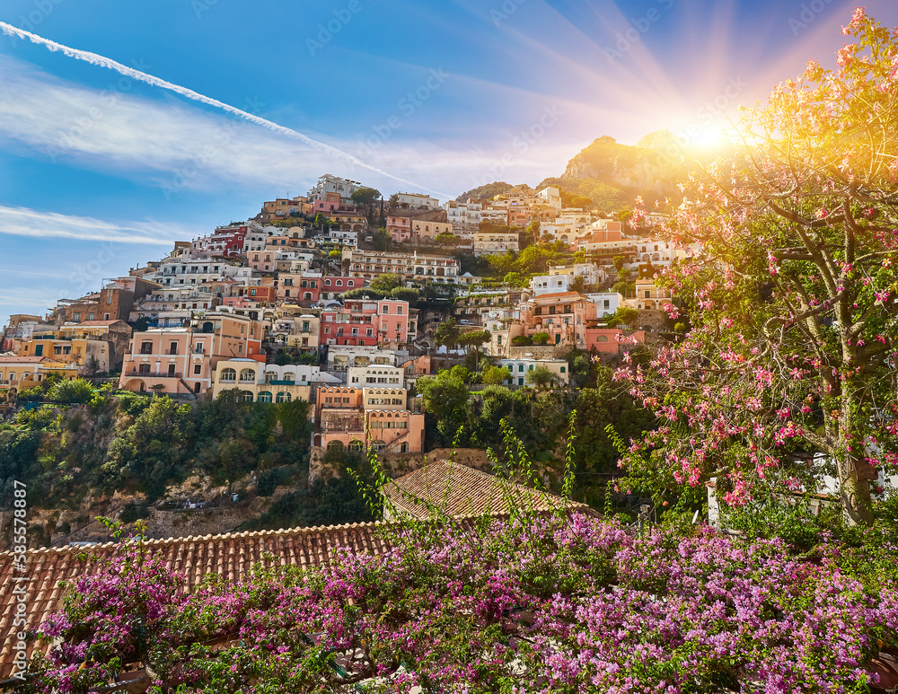 View of the town of Positano with flowers, Amalfi Coast