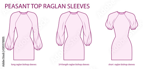 Set of Peasant top raglan sleeves bishop style long, 3-4 and short length clothes technical fashion illustration with fitted body. Flat apparel template front side. Women, men unisex CAD mockup