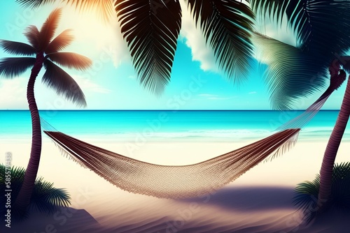 Beautiful beach. Hammock between two palm trees on the beach, summer vacation - generative ai  © unalcreative