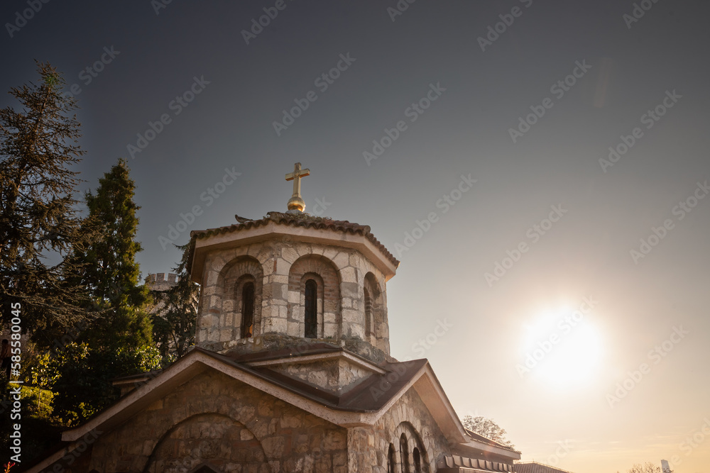 Selective blur on the steeple tower of the Kapela Svete Petke crkva, or the chapel church of saint petka (sveta Petka) in the Kalamegdan fortress park of Belgrade, Serbia, a Serbian orthodox church/