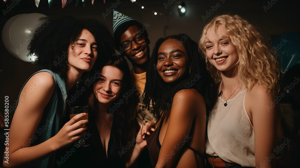 Interracial group of friends at a party looking at the camera. Generative AI