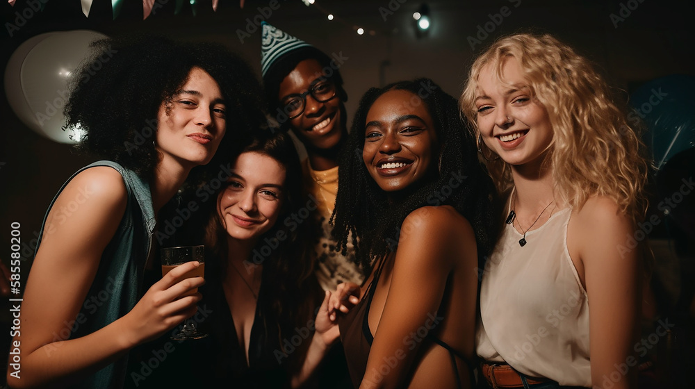 Interracial group of friends at a party looking at the camera. Generative AI Interracial group of friends at a party looking at the camera. Generative AI
