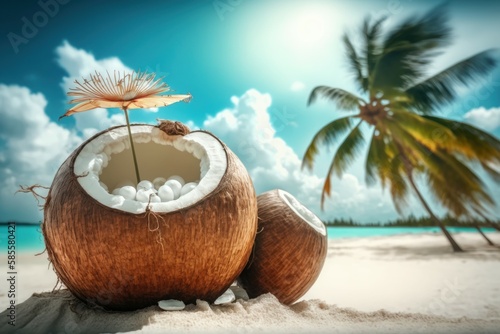 Coconut with flowers under palm trees at the beach. Background with selective focus and copy space. AI generated