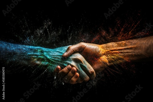 Visualization of virtual shaking hands. Handshake deal symbol. Business concept. AI generated, human enhanced © top images