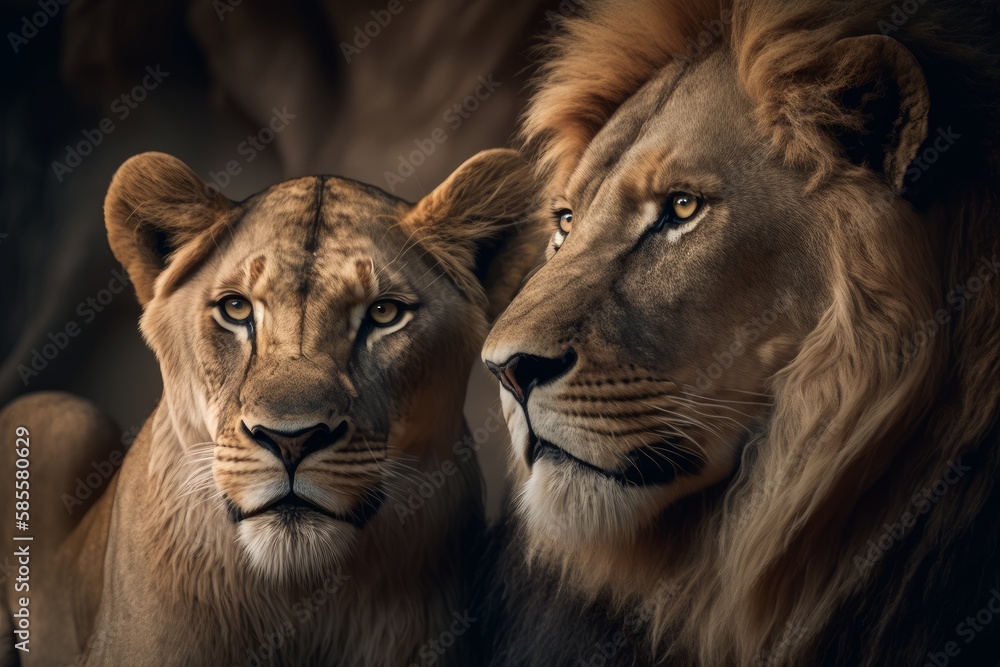 A lion and a lioness side by side - obrazy, fototapety, plakaty 