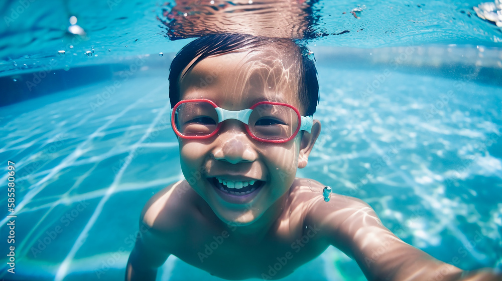 Naklejka premium Asian child underwater in a swimming pool with swimming goggles. Generative AI