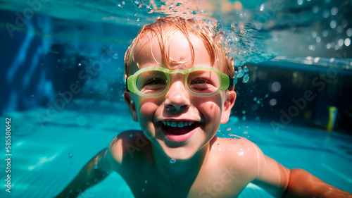 Child underwater in a swimming pool with swimming goggles. Generative AI