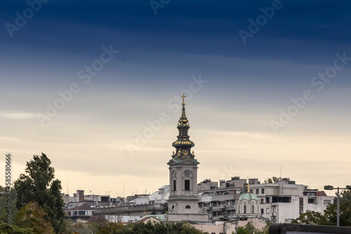 Saint Michael Cathedral, also known as Saborna Crkva, with its iconic clocktower seen from a street of Stari Grad district. It is one of the main landmarks of Belgrade, Serbia.