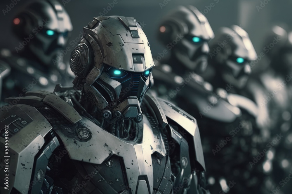 Army of metal cyborg robots, selective focus. AI generated, human enhanced. Army of metal cyborg robots, selective focus. AI generated, human enhanced.