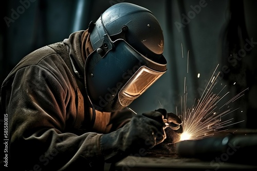 Worker or welder in the metallurgical industry performing welding in his workshop. AI generated, human enhanced. photo