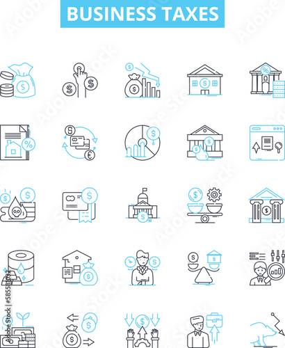 Business taxes vector line icons set. Taxes, Business, Filing, Deductions, Returns, Liabilities, Employer illustration outline concept symbols and signs