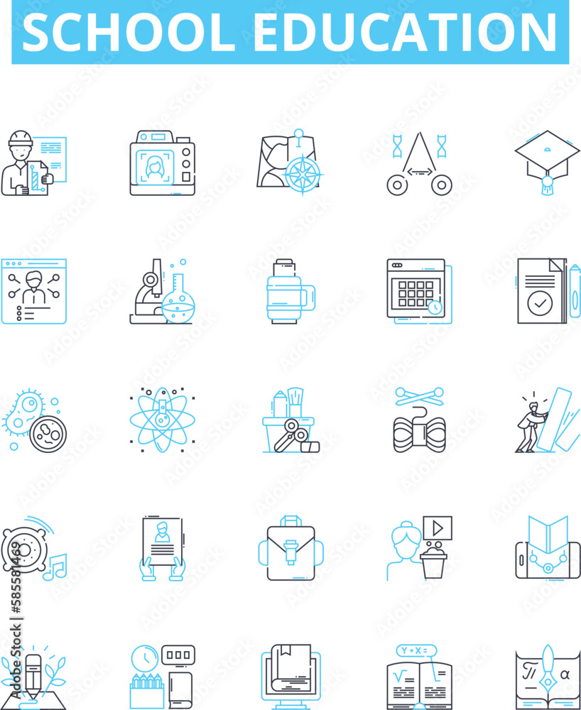 School education vector line icons set. School, Education, Learning, Knowledge, Classroom, Students, Teacher illustration outline concept symbols and signs