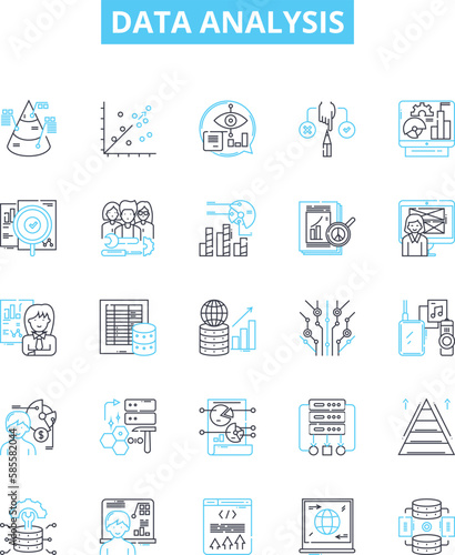 Data analysis vector line icons set. Analytics, Mining, Exploration, Modeling, Visualization, Inference, Statistics illustration outline concept symbols and signs