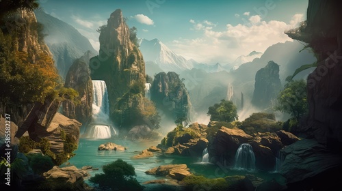 A fantastic scene with wild waterfalls in a dense jungle. A mysterious world where the atmosphere of adventure and wild nature reigns. Generative AI