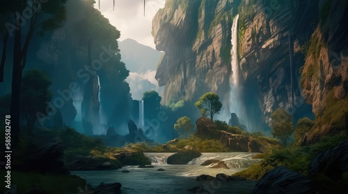 A fantastic scene with wild waterfalls in a dense jungle. A mysterious world where the atmosphere of adventure and wild nature reigns. Generative AI © keks20034