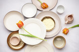 Composition with different clean dishes and tulip flowers on white background