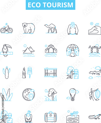 Eco tourism vector line icons set. Eco-tourism, conservation, sustainability, green, ecology, carbon, recycling illustration outline concept symbols and signs