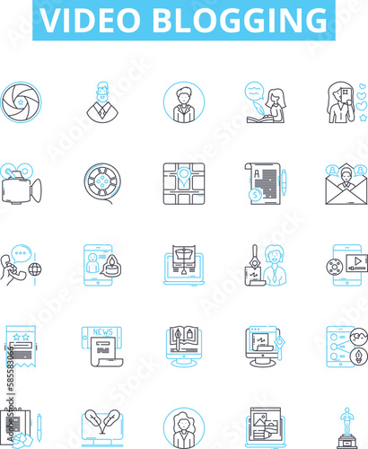 Video blogging vector line icons set. Vlogging, Videoblogging, Video-Blogging, Blogging, Videos, Stream, Youtubing illustration outline concept symbols and signs