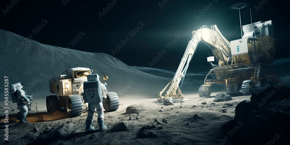 humans mining the moon and steroids, space mine, minerals, group of ...