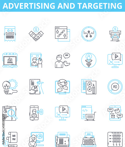 Advertising and targeting vector line icons set. Advertising, Targeting, Promotion, Campaign, Market, Demographics, Reaching illustration outline concept symbols and signs