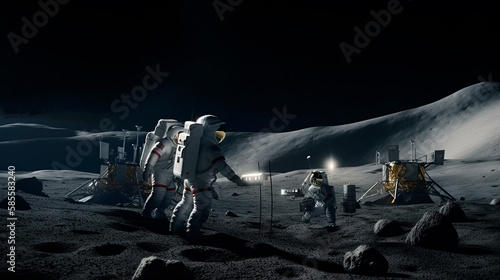 astronauts bulding a space research investigation moon station, space exploration and human colonization photo