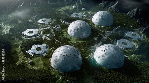 aerial view of a moon colony, greenery at the exteriors and bubbles or domes buildings, space colonization, sci-fi city