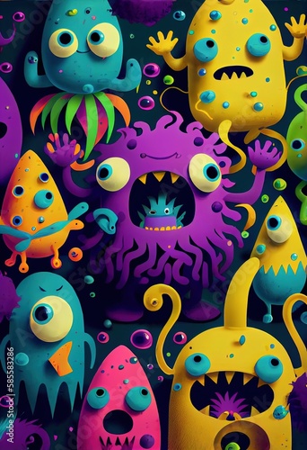 Abstract magical funny cartoon monsters. Lots of colored pnt, funny monsters and rnbow colors. Generative AI Art. photo