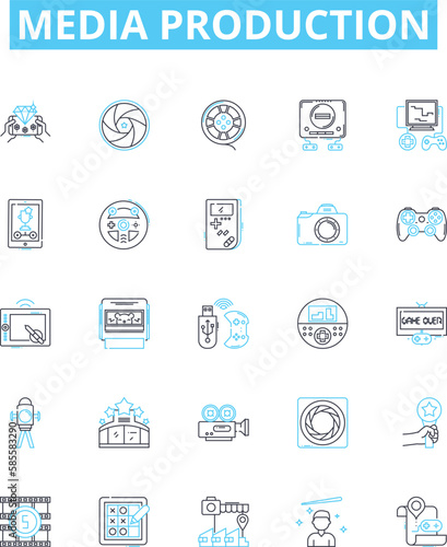 Media production vector line icons set. Filming, Animation, Editing, Post-Production, Photoshoots, Direction, Casting illustration outline concept symbols and signs