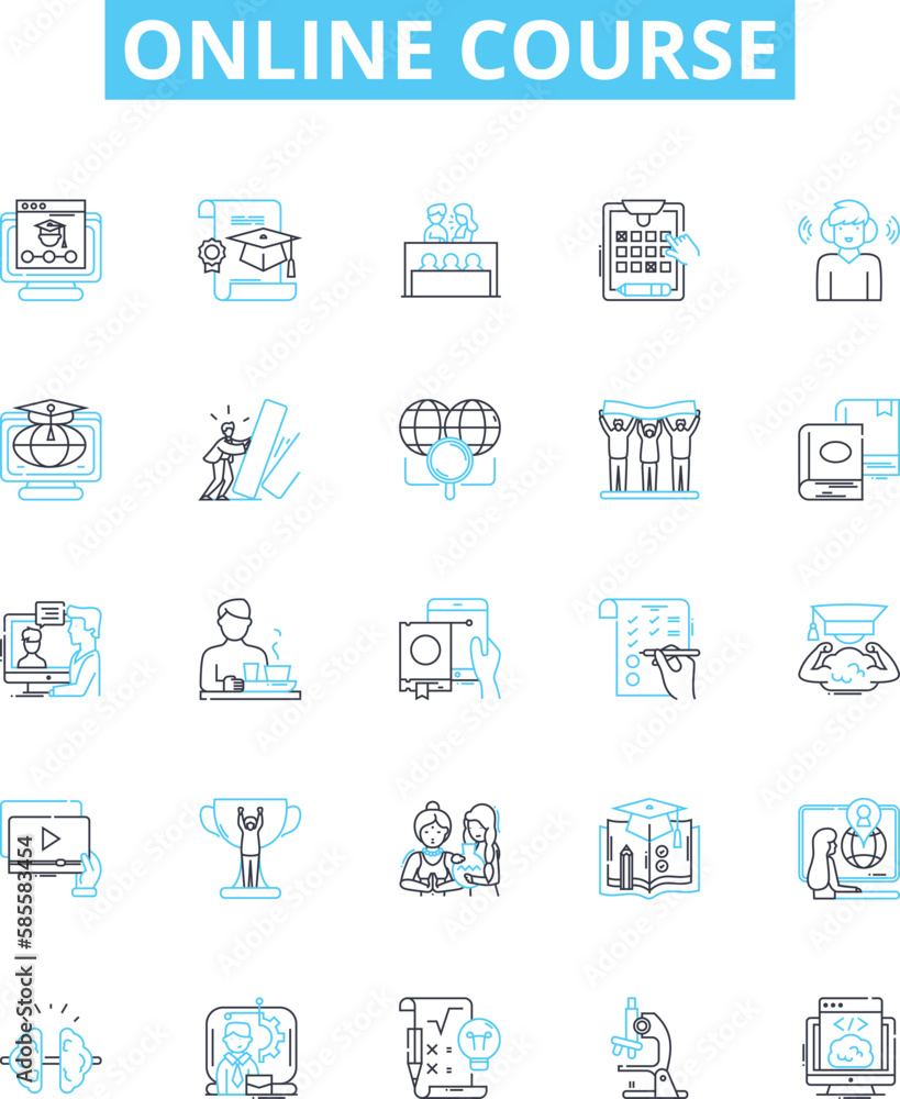 Online Course vector line icons set. eLearning, Webinar, Tutorials, MOOC, Training, Workshop, Certifications illustration outline concept symbols and signs Online Course vector line icons set. eLearning, Webinar, Tutorials, MOOC, Training, Workshop, Certifications illustration outline concept symbols and signs