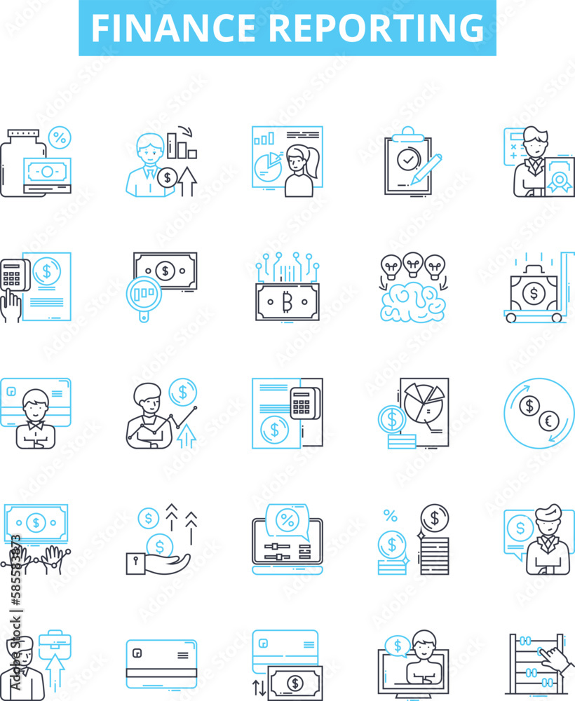 Finance reporting vector line icons set. Accounting, Budgeting, Forecasting, Assets, Liabilities, Profitability, Cash-flow illustration outline concept symbols and signs Finance reporting vector line icons set. Accounting, Budgeting, Forecasting, Assets, Liabilities, Profitability, Cash-flow illustration outline concept symbols and signs