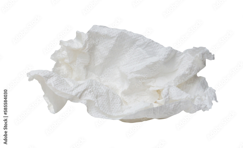 Single screwed or crumpled tissue paper or napkin in strange shape after use in toilet or restroom isolated on white background with clipping path in png format Single screwed or crumpled tissue paper or napkin in strange shape after use in toilet or restroom isolated on white background with clipping path in png format