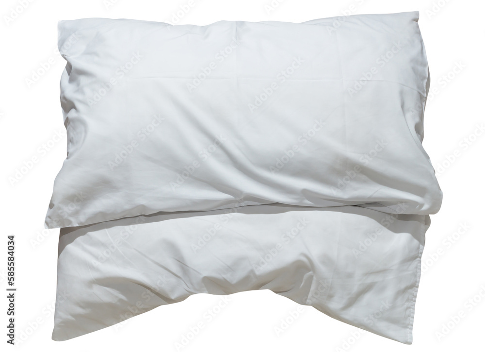 Two white pillows in stack with cases after guest's use at hotel or resort room isolated on white background with clipping path, Concept of confortable and happy sleep in daily life Two white pillows in stack with cases after guest's use at hotel or resort room isolated on white background with clipping path, Concept of confortable and happy sleep in daily life