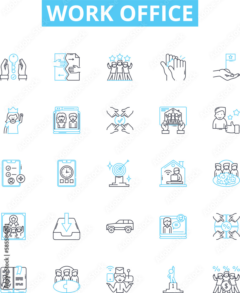 Work office vector line icons set. Workplace, Desk, Office, Computer, Chair, Printer, Scanner illustration outline concept symbols and signs