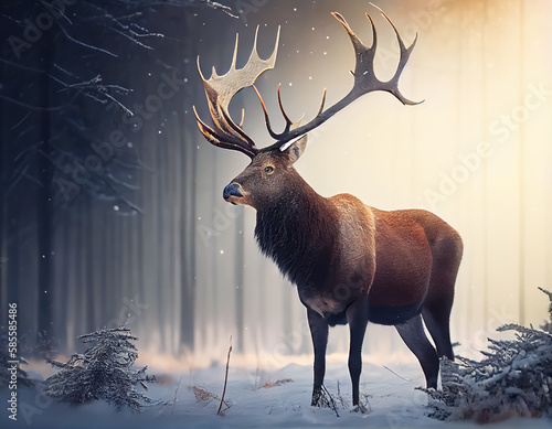 Beautiful reindeer standing in the forest.Generative Ai