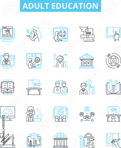 Adult education vector line icons set. Adult, Education, Learning, Instruction, Training, Literacy, Courses illustration outline concept symbols and signs