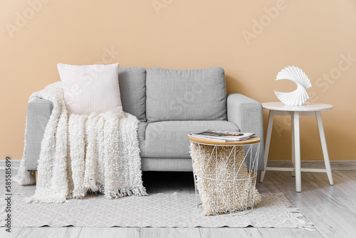 Fototapeta Naklejka Na Ścianę i Meble -  Cozy grey sofa with cushion, magazine and decorative figure on table near beige wall