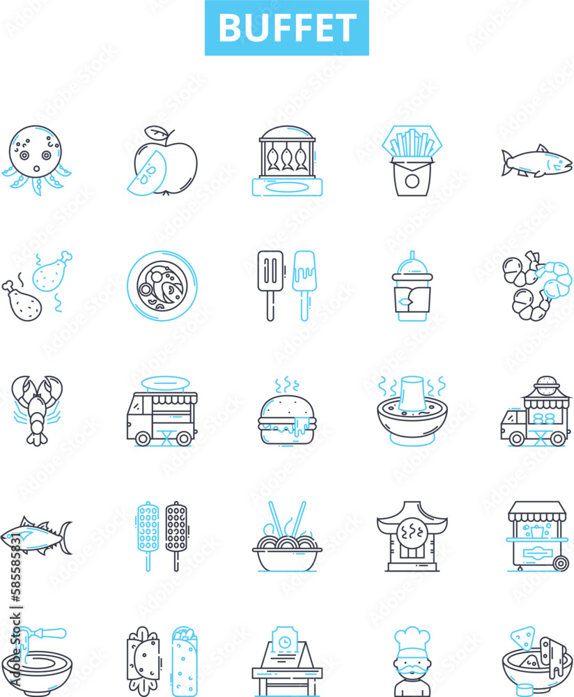 Buffet vector line icons set. Buffet, Catering, Dining, Food, Cuisine, Banquet, Dish illustration outline concept symbols and signs Buffet vector line icons set. Buffet, Catering, Dining, Food, Cuisine, Banquet, Dish illustration outline concept symbols and signs