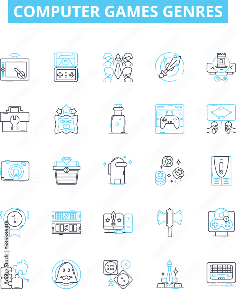 Computer games genres vector line icons set. Simulation, Shooter, Adventure, Puzzle, Strategy, Platformer, Racing illustration outline concept symbols and signs