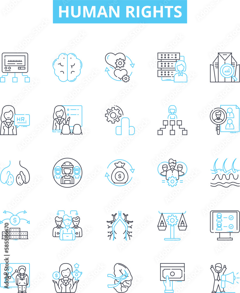 Human rights vector line icons set. Equality, Dignity, Respect, Liberty, Justice, Fairness, Equity illustration outline concept symbols and signs