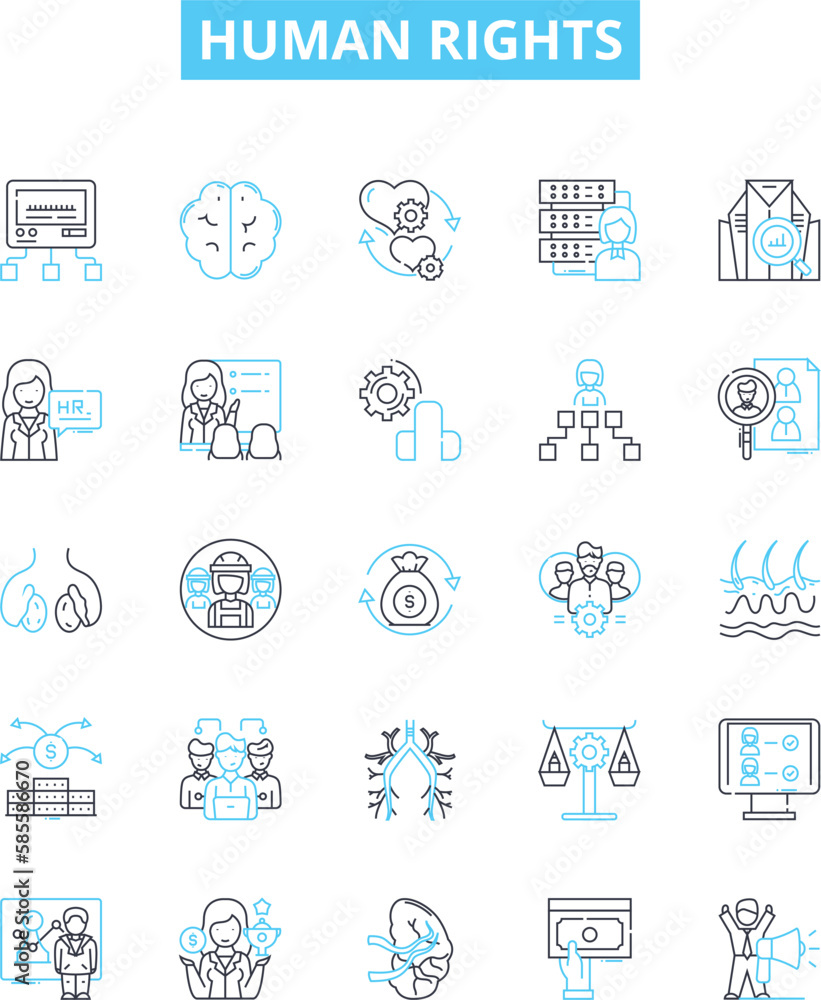 Human rights vector line icons set. Equality, Dignity, Respect, Liberty, Justice, Fairness, Equity illustration outline concept symbols and signs Human rights vector line icons set. Equality, Dignity, Respect, Liberty, Justice, Fairness, Equity illustration outline concept symbols and signs
