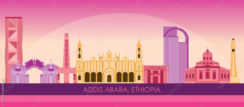 Sunset Skyline panorama of city of Addis Ababa, Ethiopia - vector illustration