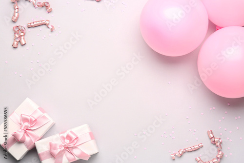 Pink balloons, gift boxes, ...