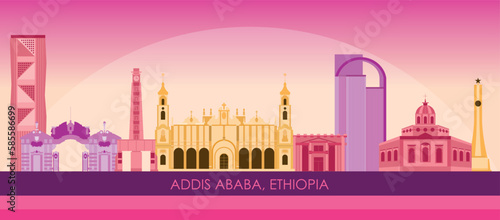 Sunset Skyline panorama of city of Addis Ababa, Ethiopia - vector illustration