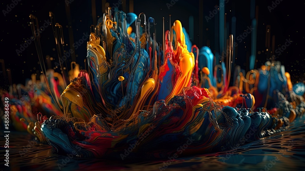 Dynamic 3D abstract background: swirling liquids, splashes, cell shading, vibrant colors, bold outlines, soft lighting, limited animation, 8K resolution, depth of field effect. Dynamic 3D abstract background: swirling liquids, splashes, cell shading, vibrant colors, bold outlines, soft lighting, limited animation, 8K resolution, depth of field effect.