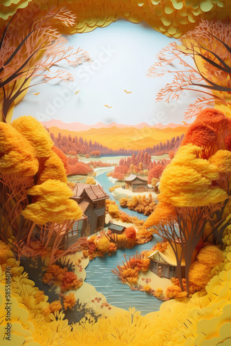 nature autumn illustration, paper kirigami craft © Welisson