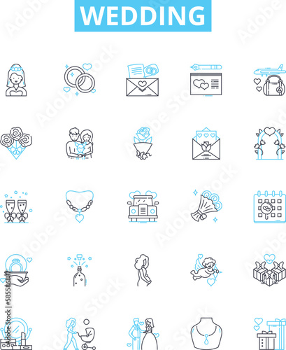 Wedding vector line icons set. Marriage, Nuptials, Ceremony, Bride, Groom, Vows, Celebration illustration outline concept symbols and signs